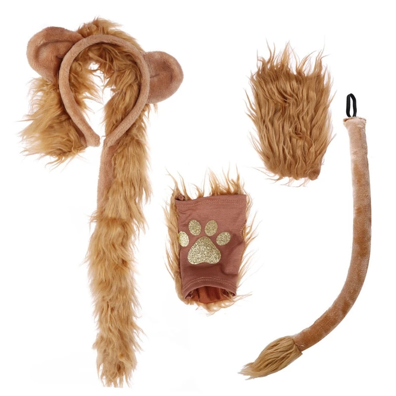 

Young Lion Faux Fur Ears and Tail Halloween Costume Party Cosplay Christmas Animal Accessory Set Animal Ear Headband