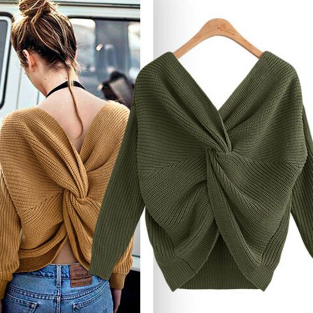 Autumn Winter Women Sweaters Twisted Backless Jumpers Solid Color Slim V Neck Sweater Jumper | Женская одежда