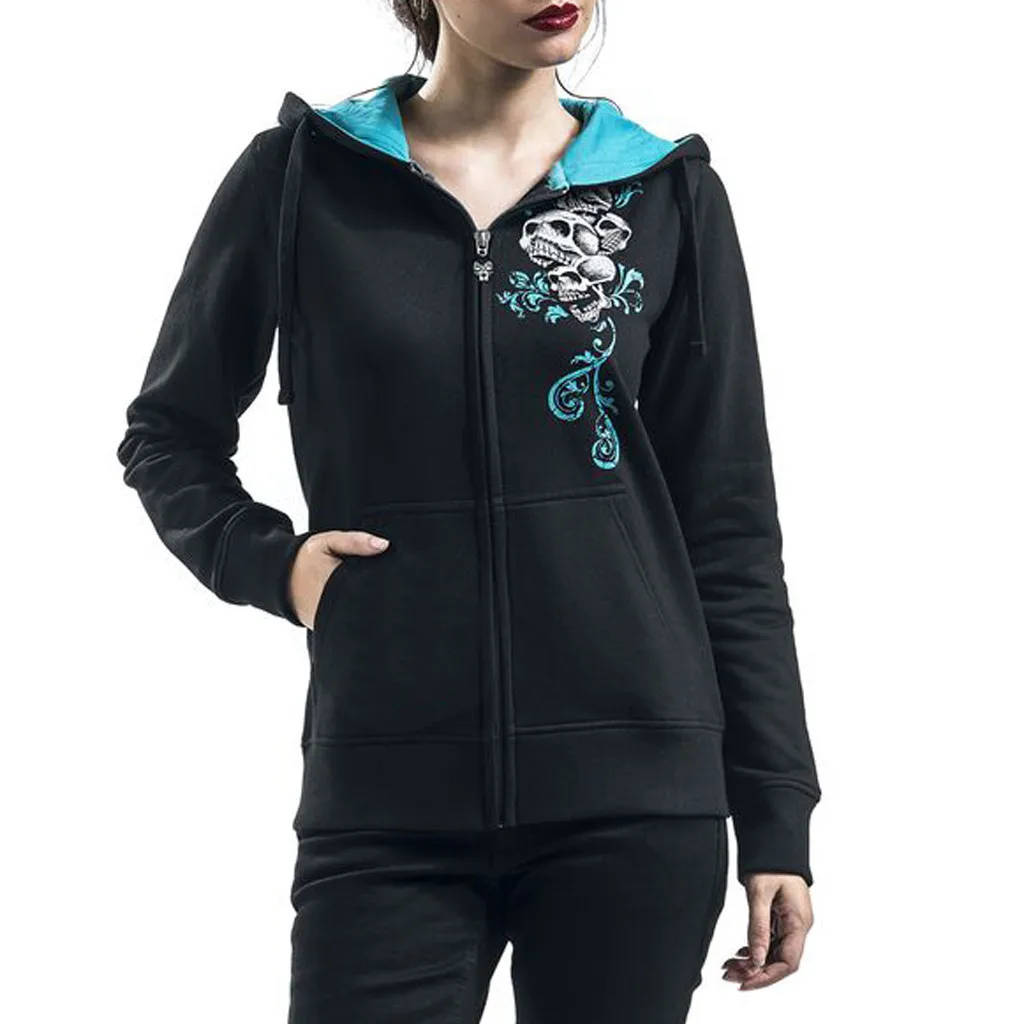 

Halloween woman hoodie Zipper Skull Print Hoodies Sweatshirt Female Long Sleeve Tops Pullover Coat