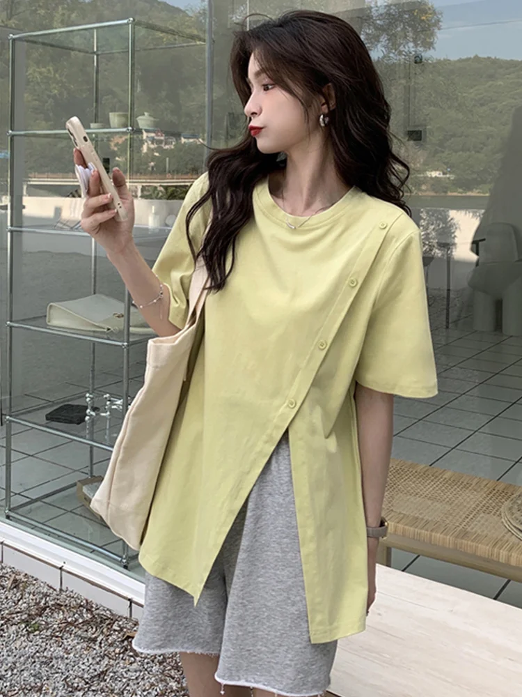 

Женская футболка с разрезом, летняя свободная Асимметричная футболка с коротким рукавом и принтом, 2021