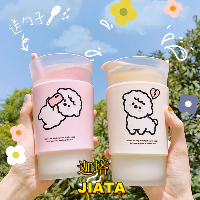 

Ins Wind Creative Frosted Water Cup Double Glass Student Cute Home Coffee Milk Cup with Lid Cup Female Double Wall Glass
