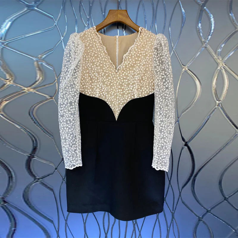 

High Quality Bodycon Dress 2021 Autumn New Women's Clothing Embroidery Goods Net Yarn Splicing V-neck Long Holiday Two Dresses