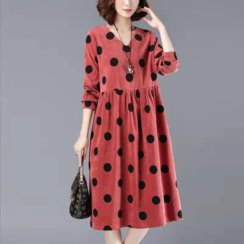 

2021 New Wave Point Medium Length Dress Women's Autumn Dress Korean V-Neck Long Sleeve Large Casual A-line Skirt