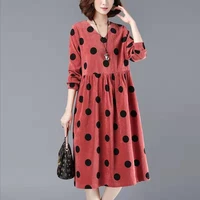 2021 new wave point medium length dress womens autumn dress korean v neck long sleeve large casual a line skirt