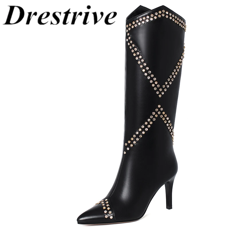 

Drestrive Cow Leather Woman Knee High Boots Black Pointed Toe Crystal Zipper Thin High Heel 2020 Winter Shoes Size 42