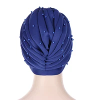 New Women Solid Color Cotton Turban Cap Luxury Beaded Ruffle Head Cover Cancer Chemo Beanies Cap Ladies Party Hair Accessories