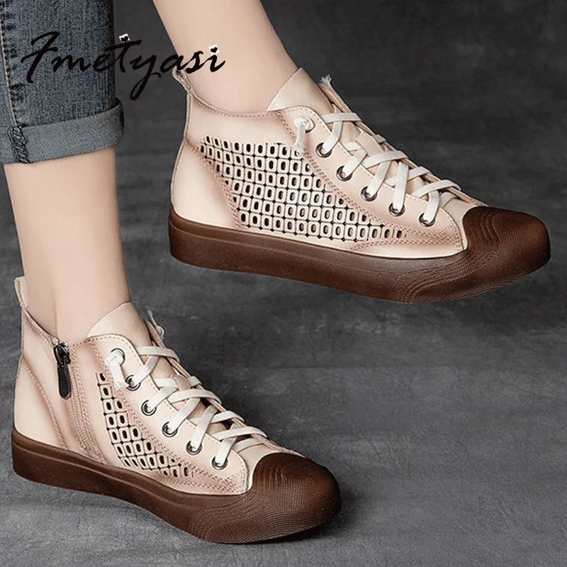 

Fmetyasi High Top Shoes Vintage Hollow White Sneakers Soft Leather Casual Shoes Rubber Vulcanize Shoes for Ladies 2021 Summer