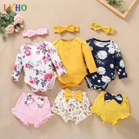 0 24m baby girl clothes set top romper short pants with headband 3 pcs autumn kids bodysuits one pieces newborn girls outfits