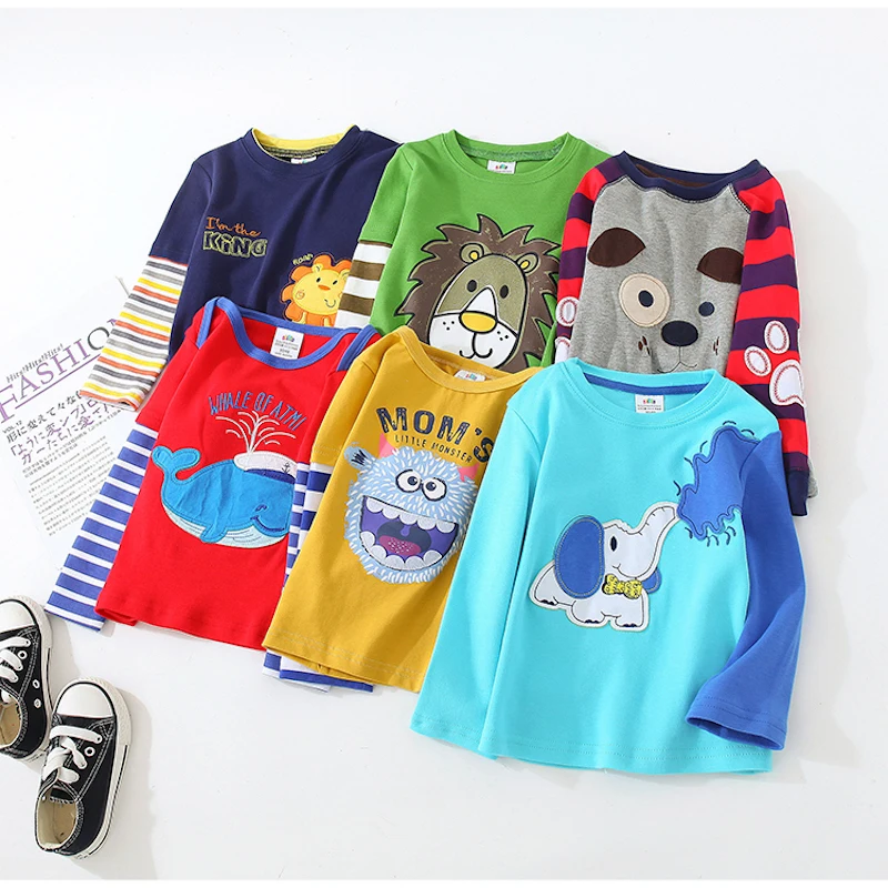 2022 Spring Autumn For 2-8 9 10 Years Children Cotton Striped Color Patchwork Cartoon Animal Baby Kids Boys Long Sleeve T-Shirts
