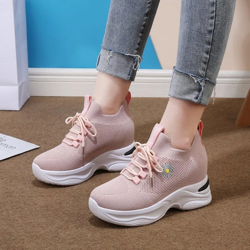 

Knitted mesh women's sports shoes, comfortable high-heeled women's casual shoes, outdoor running women's shoes, QIWNshoes