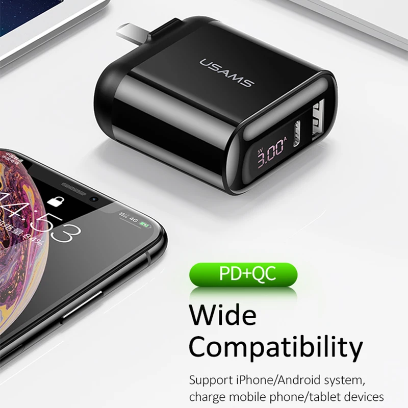 Быстрое зарядное устройство USAMS Quick charge QC3.0 PD3.0 PD 18 Вт USB Type C для iPhone 11 8 7 6 Plus Xiaomi Samsung