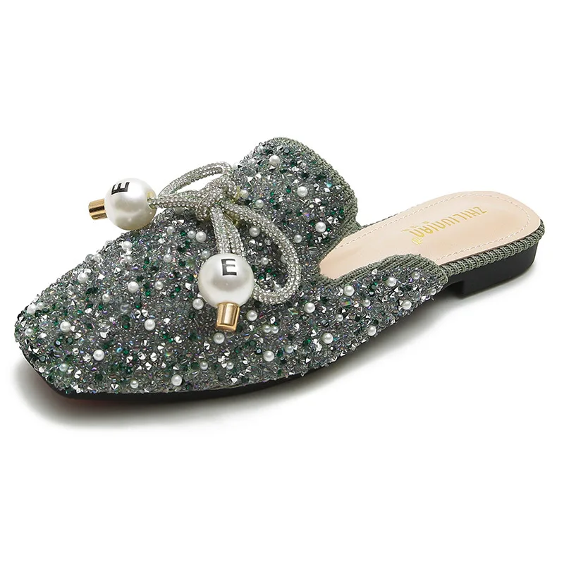 

Flat Shoes Female Womens Slippers Outdoor Slides Pantofle Cover Toe Big Size Fashion 2021 Luxury Rubber Fabric Bling Microfiber