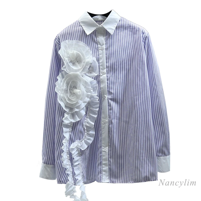 

Autumn Korean Style Loose Striped Blouse Women Casual All-match Tops Three-dimensional Flower Long Sleeve Shirt Female 2021