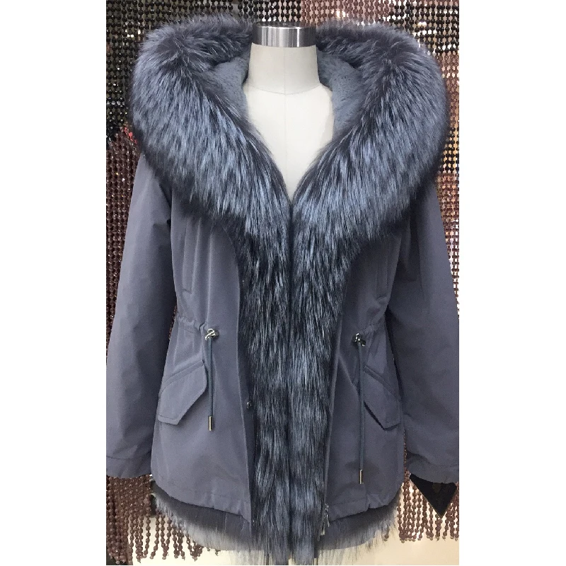 Женская зимняя парка пальто куртка с воротником из лисы енота и кроличьим мехом
