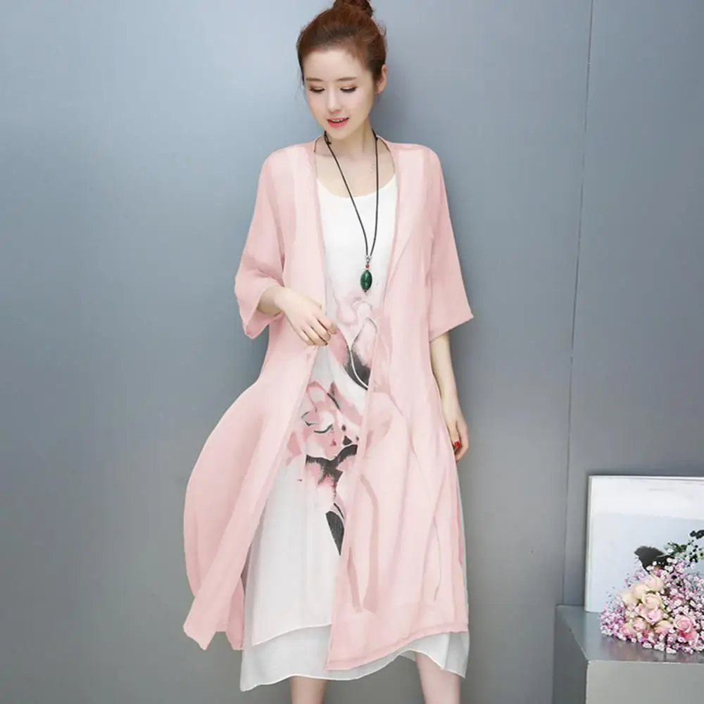 

2Pcs/Set Vintage Flower Ink Painting Women Sleeveless Kaftan Dress with Cardigan Casual Women Long Female Tunic Vintage Dress