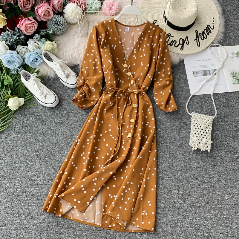 Женское винтажное шифоновое платье в горошек Элегантное Длинное Платье с v