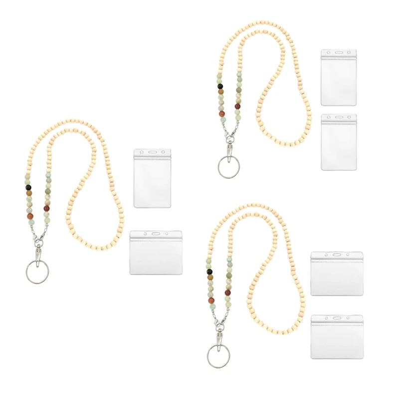 

Lanyards for ID Badges, Beaded Wood Natural Stone Lanyard Glasses Chains for Women Lanyard for Keys with Card Sleeve