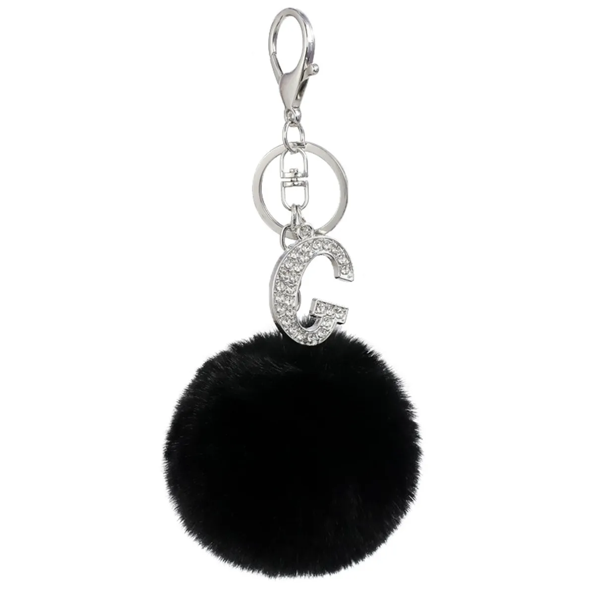 

Letter A-Z Fluffy Black Pompom Faux Rabbit Fur Puff Ball Keychains Crystal Letters Rings Key Holder Hook Up Chain Accessories