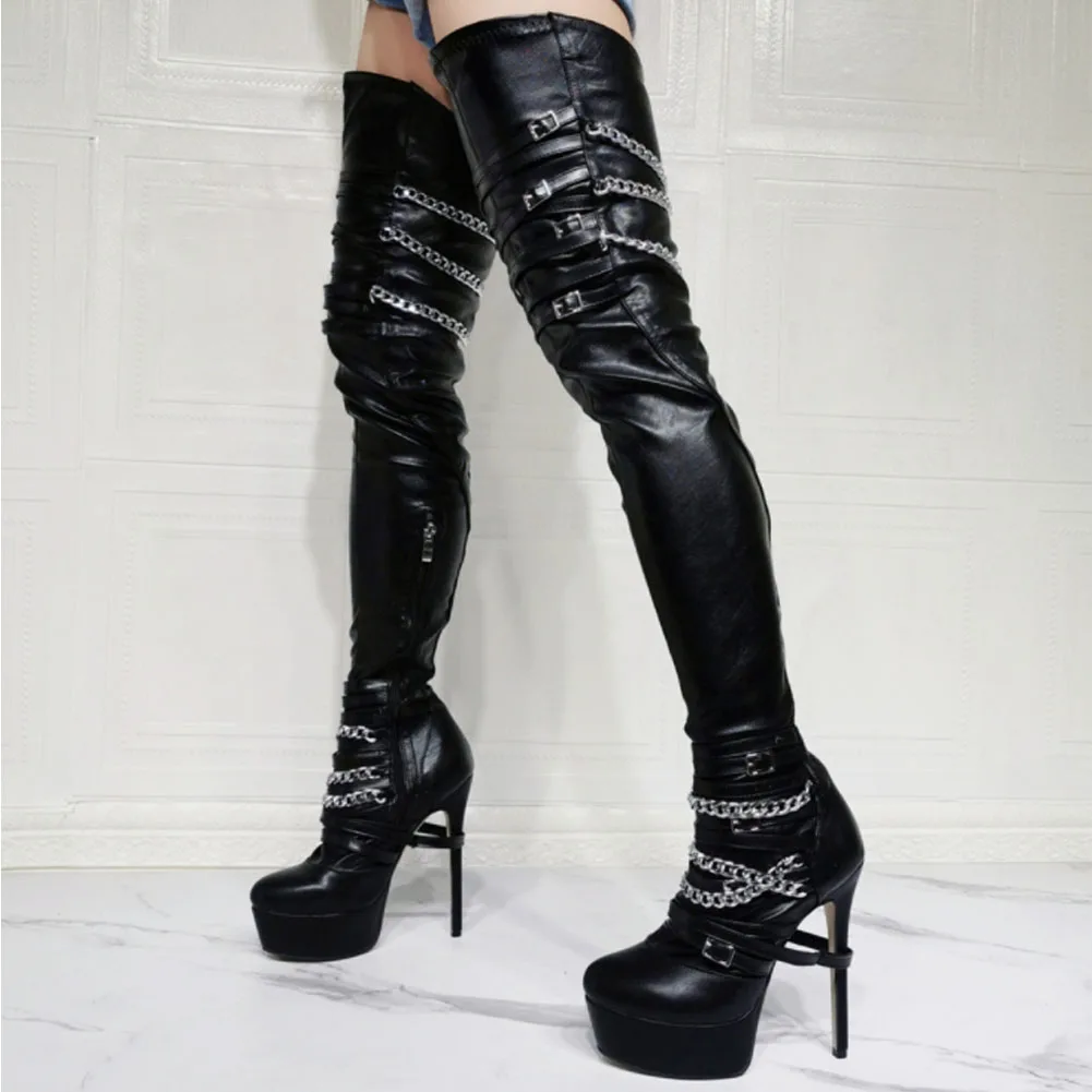 

Модные женские ботфорты SARAIRIS выше колена на тонком каблуке, с металлическим украшением, модные современные сапоги на платформе