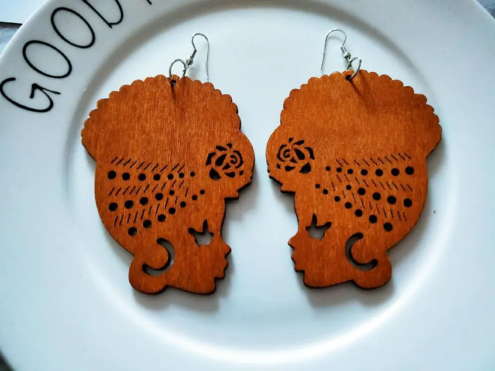 Tribal Wood Black Women Pattern DIY Painting Afro Vintage Earrings Brincos Wooden Boho African Bohemia Jewelry Party Accessory