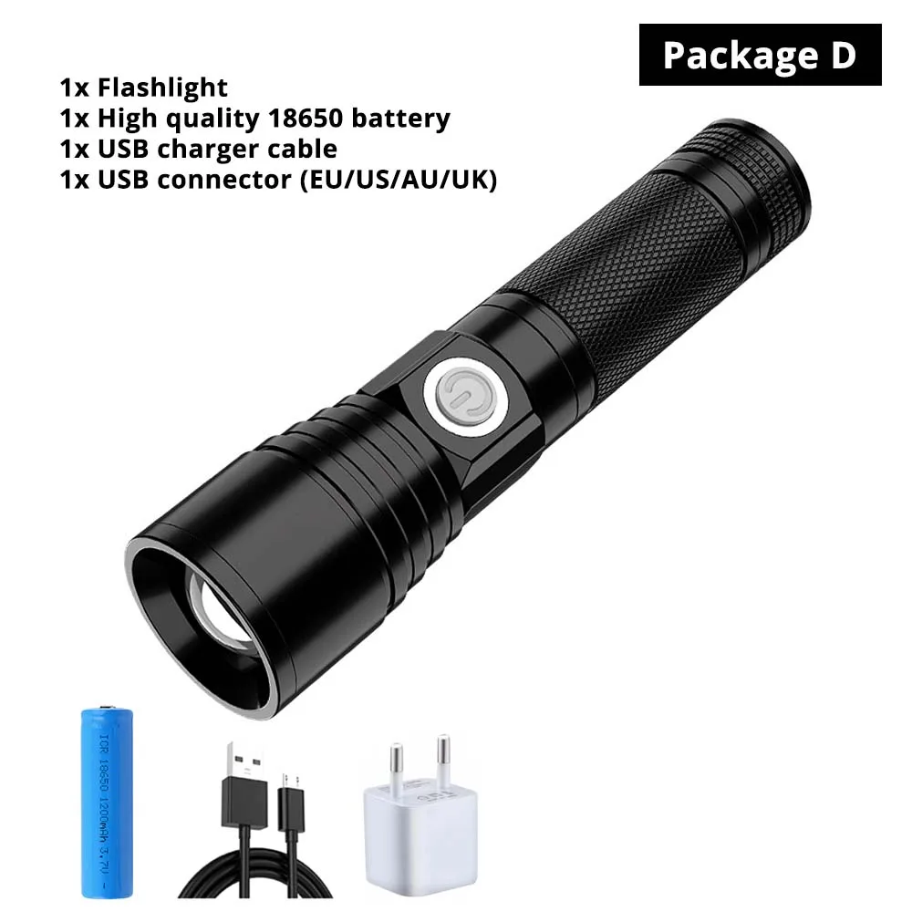 Package D USB Перезаряжаемый светодиодный фонарик супер яркий 5 Режим зум водонепроницаемый фонарь питание от 18650 комплект батареи для ночного освещения - Испускаемый цвет: Package D