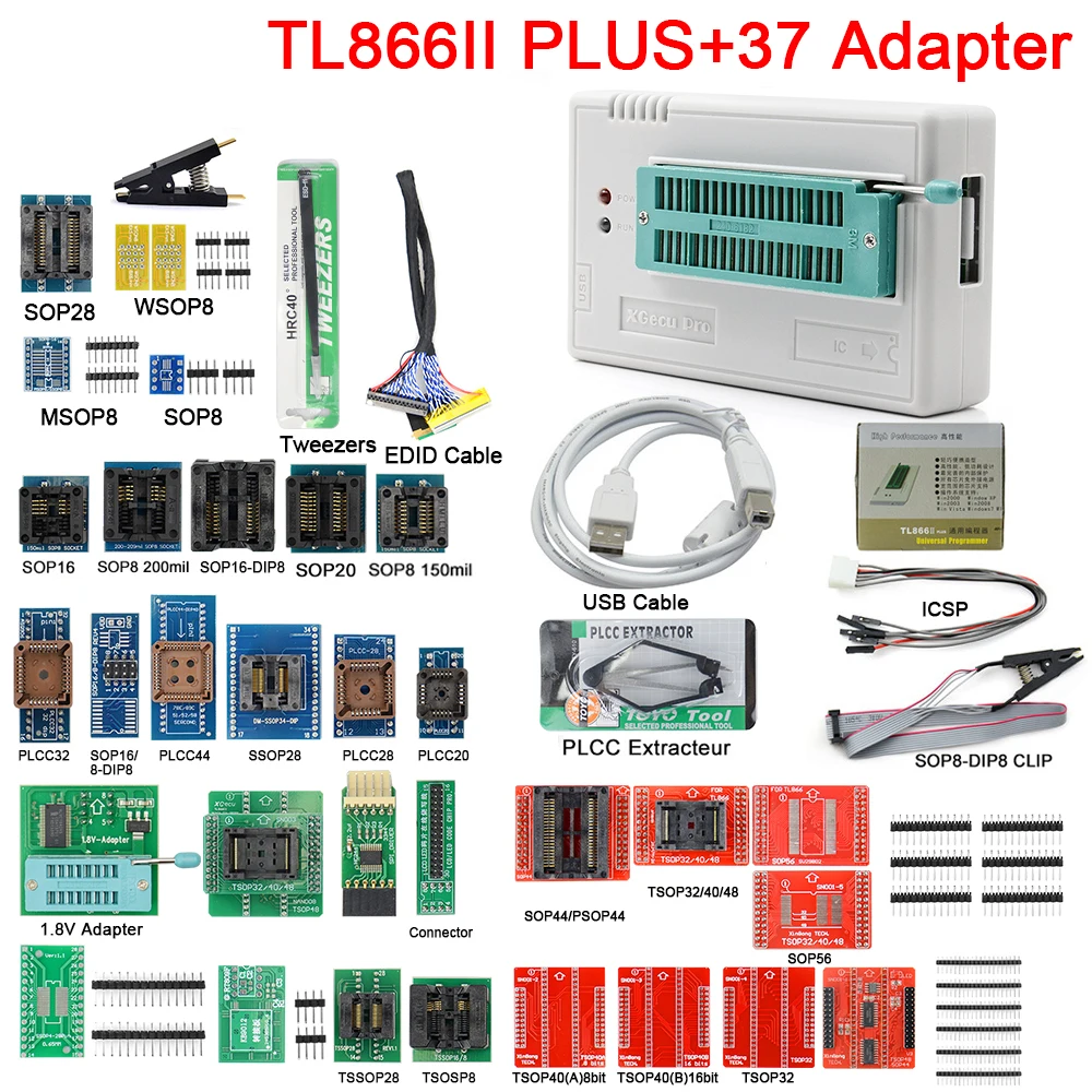 Программатор V10.8 TL866II Plus Универсальный Minipro программатор TL866 Nand Flash AVR PIC Bios USB + 27 шт.