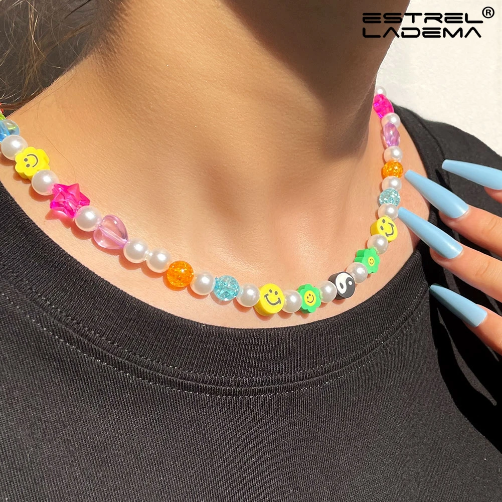 

Boho Smiley Face Pearl Crystal Beads Strand Necklace For Women Handmade Candy Color Heart Star Flowers Beaded Necklaces Jewelry