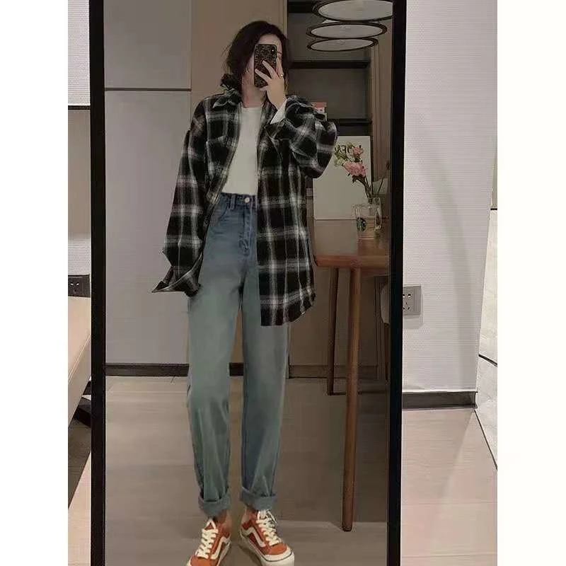 

Женская свободная рубашка в стиле ретро, черно-белая рубашка в клетку в японском стиле, весна-осень 2021