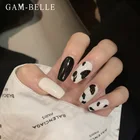 GAM-BELLE черный белый корова шаблон искусственные накладные ногти балерины полное покрытие поддельный пресс на ногти с клеем DIY Маникюрный Инструмент