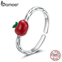 bamoer enamel red apples open finger rings tree lines 925 sterling silver for women open adjustable ring flexible jewelry scr708