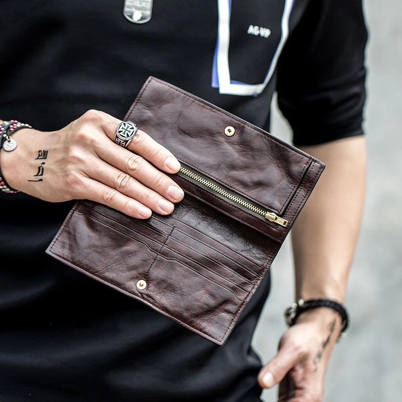Винтажные модные тонкие мужские кошельки из натуральной воловьей кожи длинный