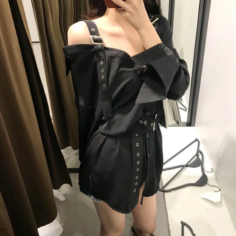 

NiceMix 2021 New Women's Long Style Blouse Shirts Fashion Black Buckle Off Shoulder Slash Neck See Through Top Women Sexy Shirt