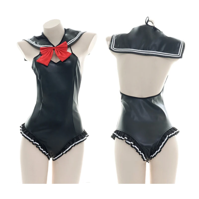 

JK School Girl Cosplay Swimwear Sukumizu Lolita Bow-knot Sailor Bodysuit Sexy Women Backless Latex Leather Jumpsuit