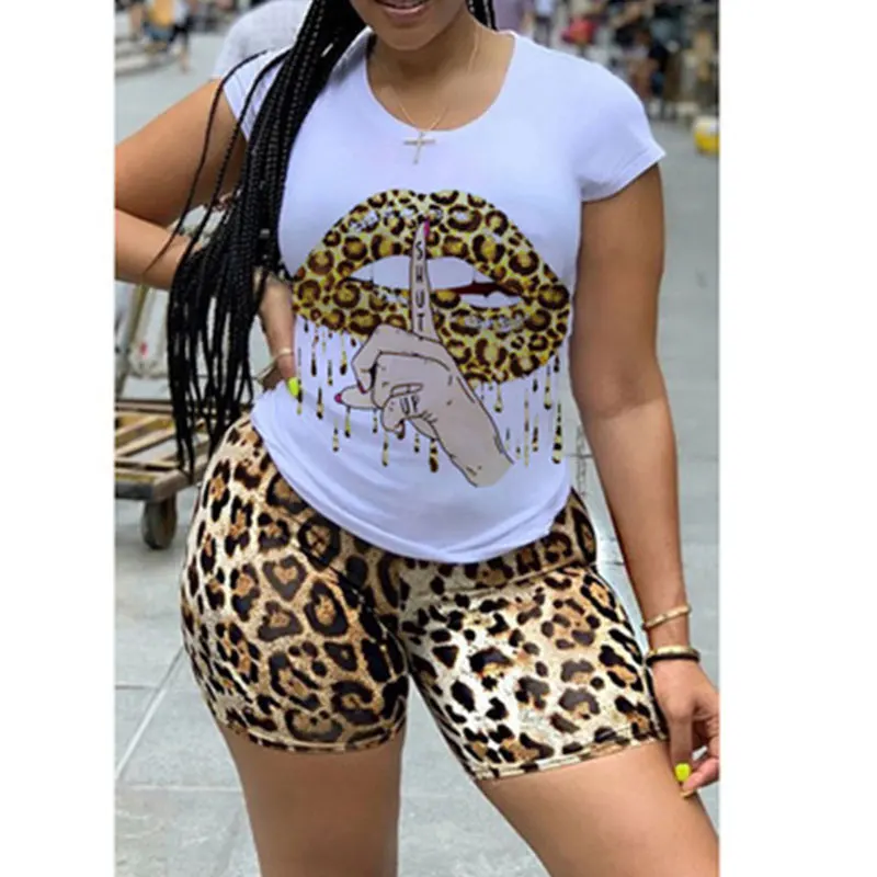 

2021 Summer Women Casual Homewear Oversize Two Piece Lip Slogan Cheetah Print T-shirt & Skinny Shorts Set With Plus Size