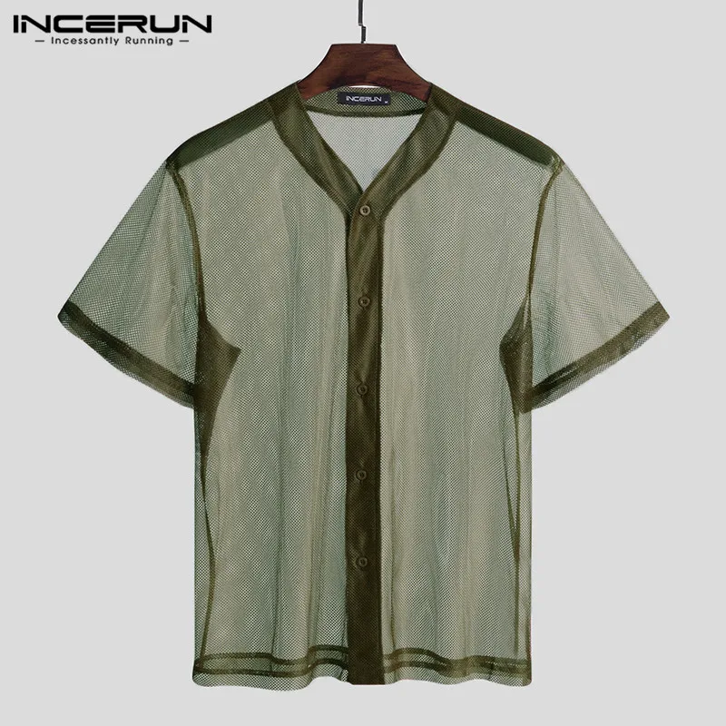 

Летняя мужская Тонкая Рубашка INCERUN, Мужская однотонная сетчатая рубашка, с коротким рукавом, V-образным вырезом, прозрачная блузка, размера п...