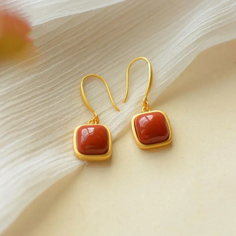 

Classic Square Earrings Women's S925 Sterling Silver Inlaid Southern Red Agate Earrings Simple All-Matching Graceful Women's Ear