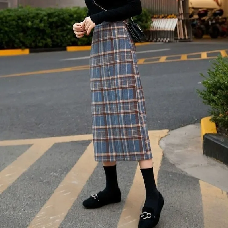 

Plaid Skirts Women Vintage Side-split OL Elegant Ladies Student Autumn Winter High Waist Mid-calf Hip Bottoms Retro Korean-style