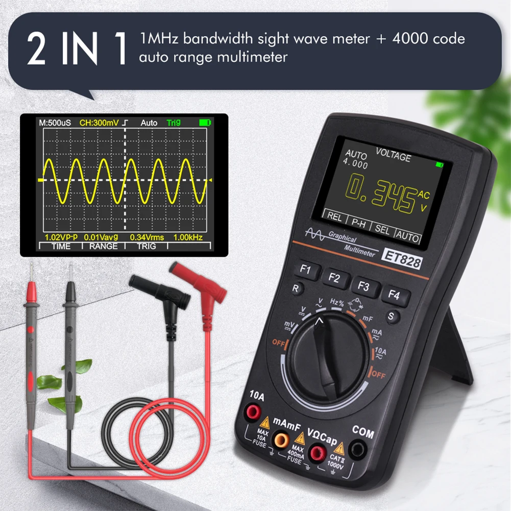 

ET828 2 in 1 Oscilloscope Multimeter Digital 1MHz 2.5Msps Color Screen DC/AC Current Voltage Resistance Frequency Diode Test