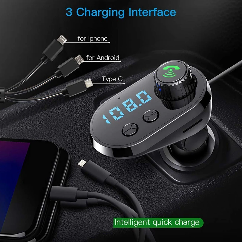 

Bluetooth FM Transmitter Car Adapter, Car Charger MP3 Player, Bluetooth 5.0, with 3 Ports for iPhone, Android and Type C