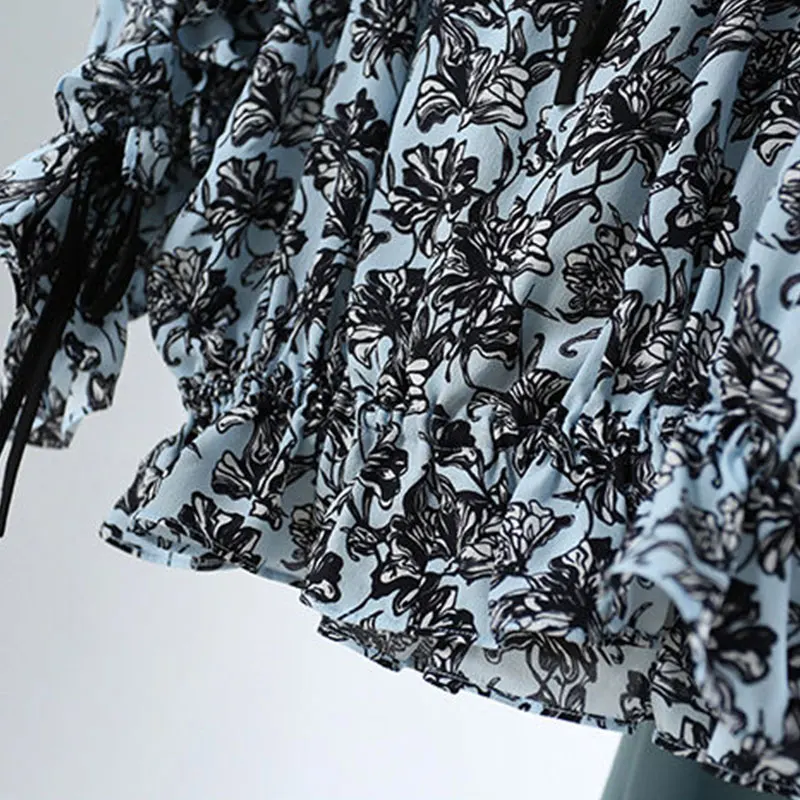 

One word collar floral chiffon shirt female plus size spring and autumn new style Korean retro split lace lantern sleeve top