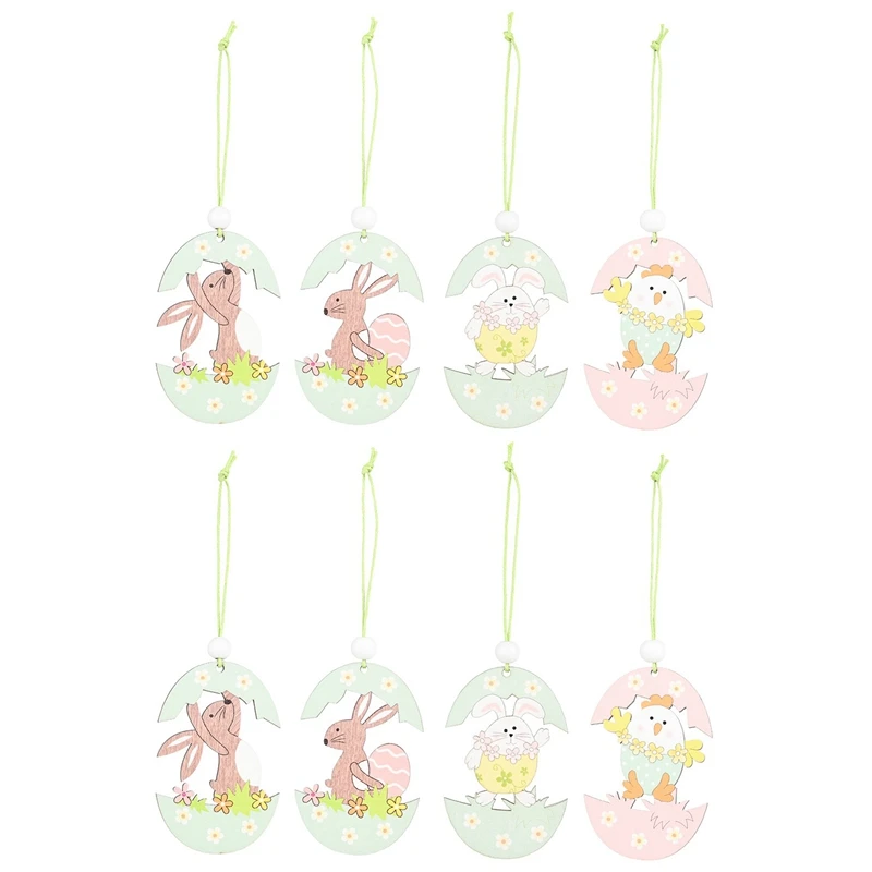 

8Pcs Easter Decorations for Bunny Egg Shell Rabbit Wooden Hanging Ornaments Pendant Easter Eggs Wood Pendant Party Decor