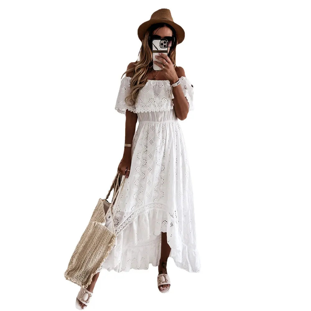 

White Maxi Party Dress for Women 2021 Summer Off The Shoulder Sexy Lace Dresses Woman Bohemian Asymmetrical Short Sleeves Dress