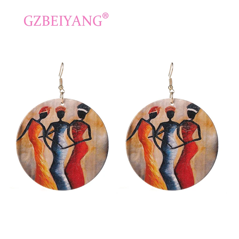 GZBEIYANG 2019 Ethnic Wooden Print African Woman Round Pendant Earrings for Vintage Jewelry Accessories Women Gifts | Украшения и