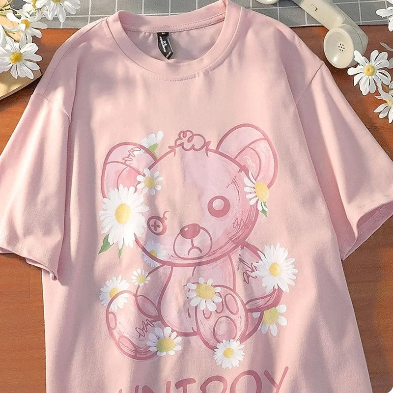 

Little Bear Kawaii Summer femme T-shirts Short Sleeve Harajuku Loose Pink Tees Shirt Streetwear Chic New Women Clothing Tops