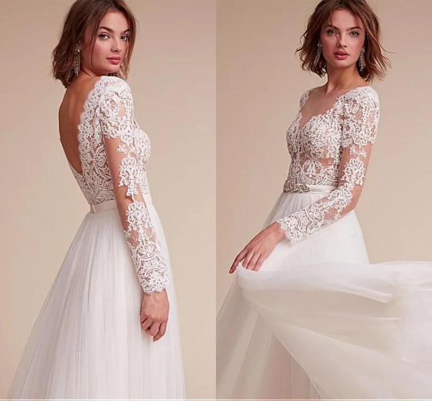 

See-through Neck Boho Wedding Dresses Lace Appliques Long Sleeve Bridal Gowns Vestido De Mariage
