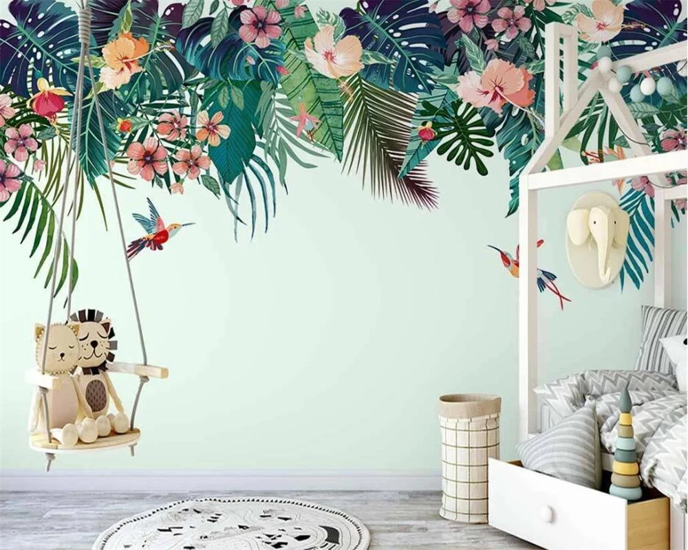 

beibehang Customized new wallpaper Nordic hand-painted tropical plants flowers birds indoor background wall papers home decor