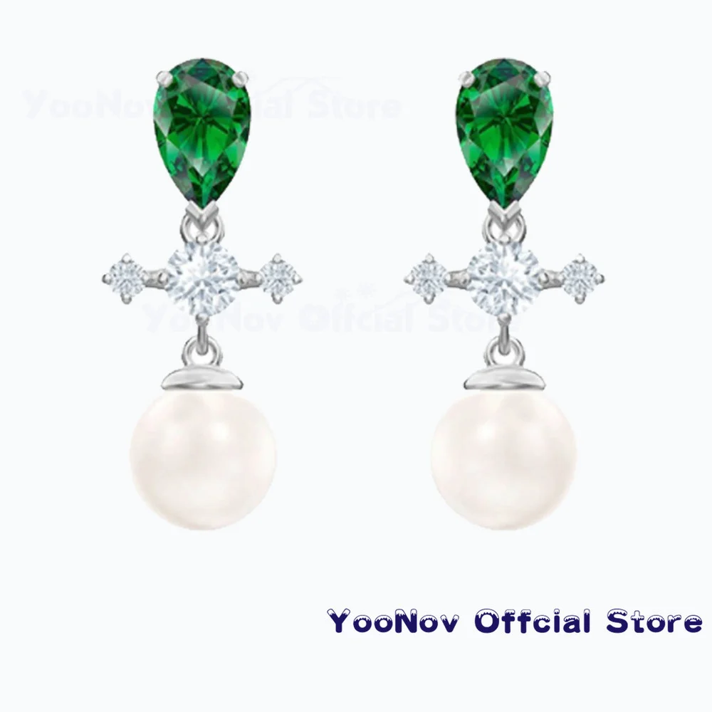 

SWA 1:1 Fashion Jewelry Original Charm Green Butterfly Ginkgo Leaf Luxury Water Drop Crystal Wing Pearl Female Dangle Earrings