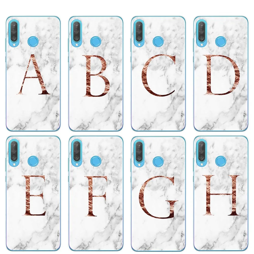 Письмо монограмма A B C D Белый Мраморный Мягкий ТПУ чехол для телефона Coque Huawei P30 P20
