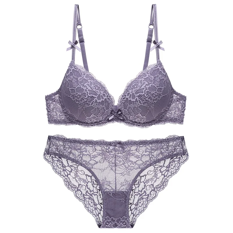 Purple CINOON New Top Sexy underwear Set Push-up Bra And Panty Sets Embroidery Lace Brassiere Adjustable Straps Gathered Lingerie - Цвет: Purple