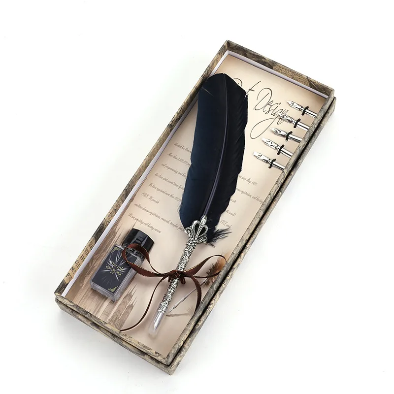 PS210 1Set Calligraphy Feather Dip with 5 Nib Gift Quill Pen Writing Ink Set Box Wedding Fountain Design New | Канцтовары для офиса